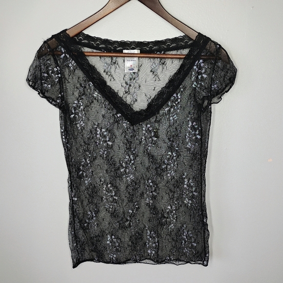 Vintage Old Navy Sheer Lace Top Womens Medium Black Silver Goth Layering Y2K - Picture 8 of 8